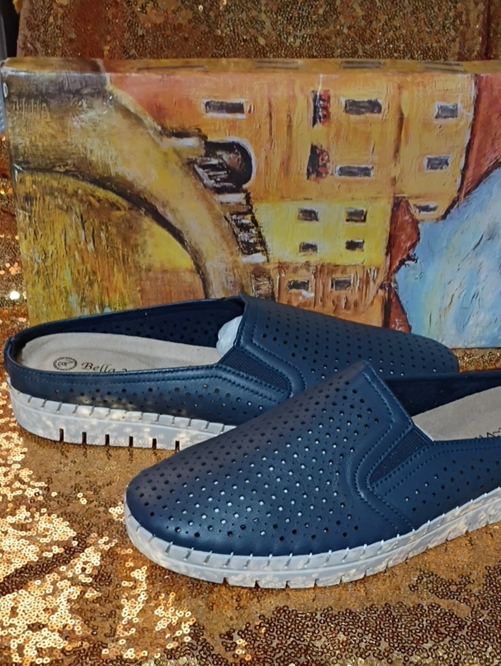 Bella Vita Navy Blue Perforated Slip-On Mule